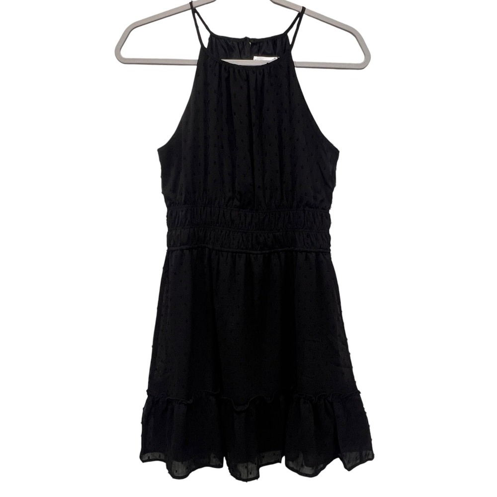 Altar'd State‎ Black Swiss Dot Halter Mini Dress Smocked Waist Ruffle Hem Size S